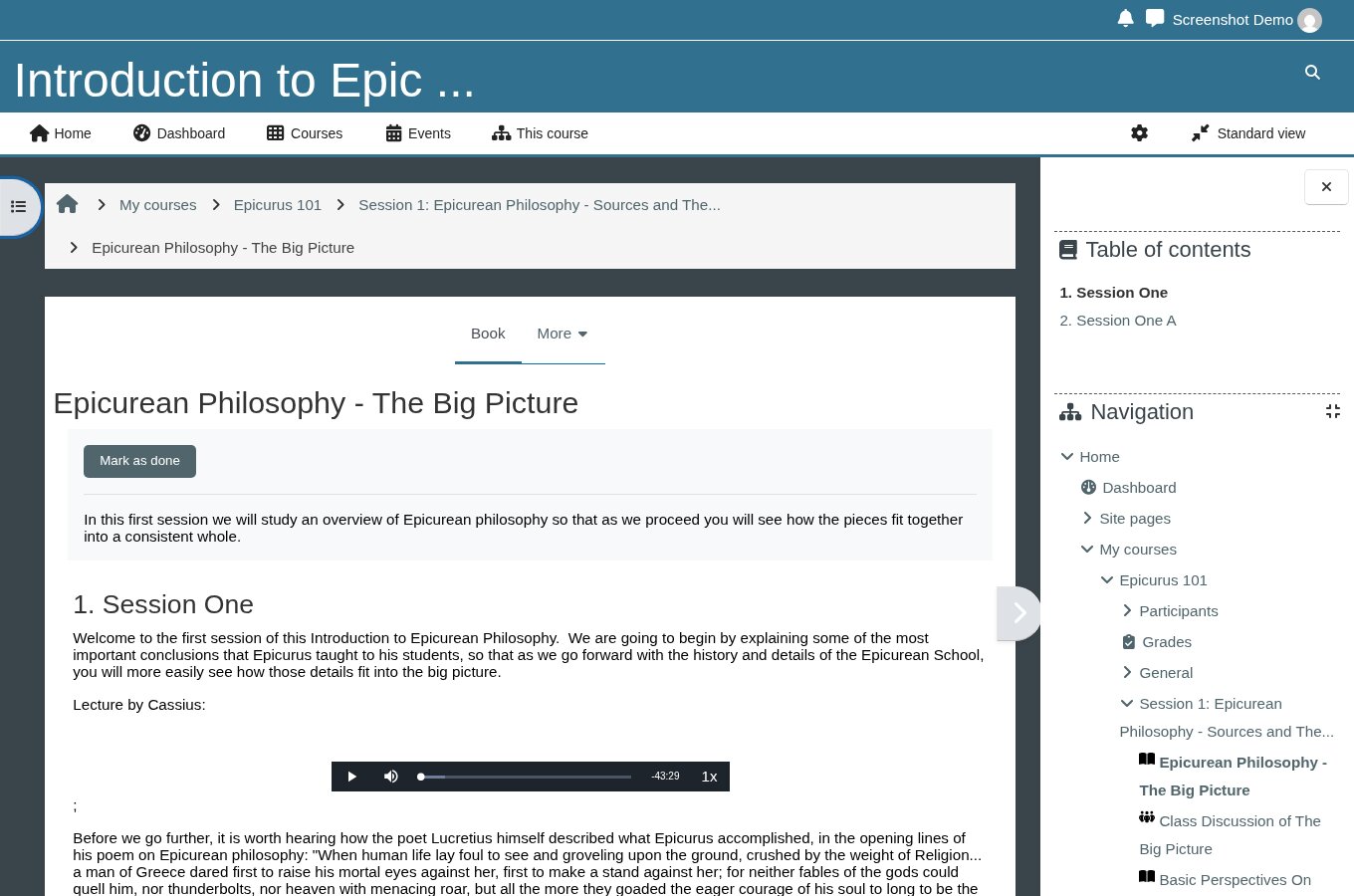 A session's Book activity open to its first chapter