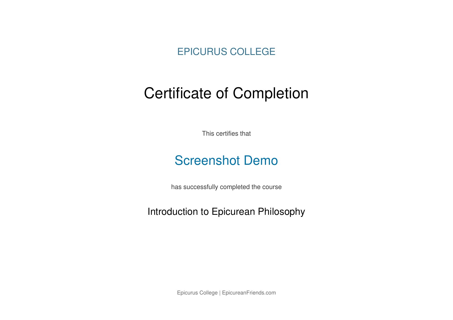 Sample Epicurus College certificate of completion