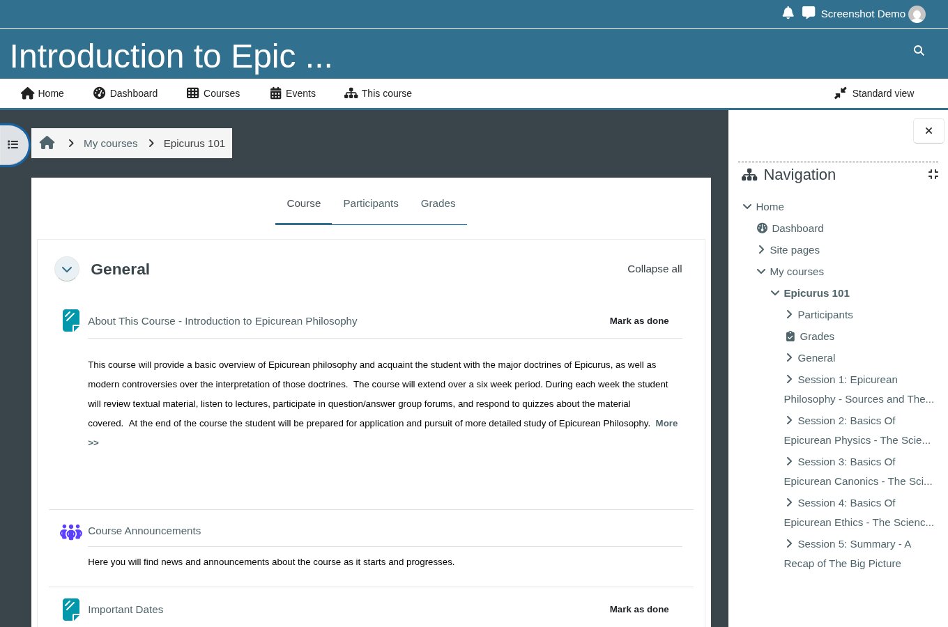 Course page showing the list of sessions and activities