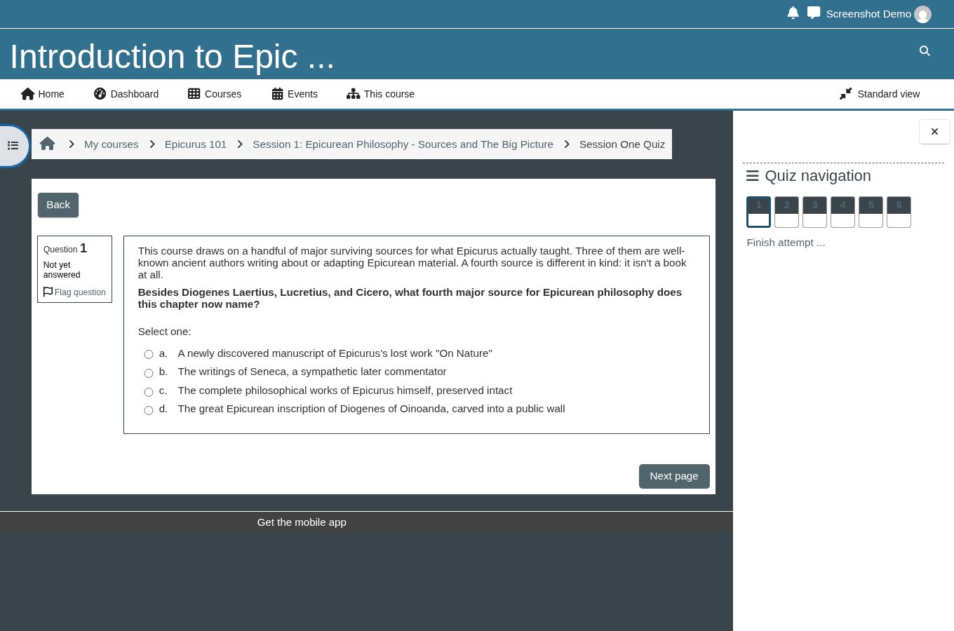 A quiz question with four multiple choice answers and a quiz navigation panel