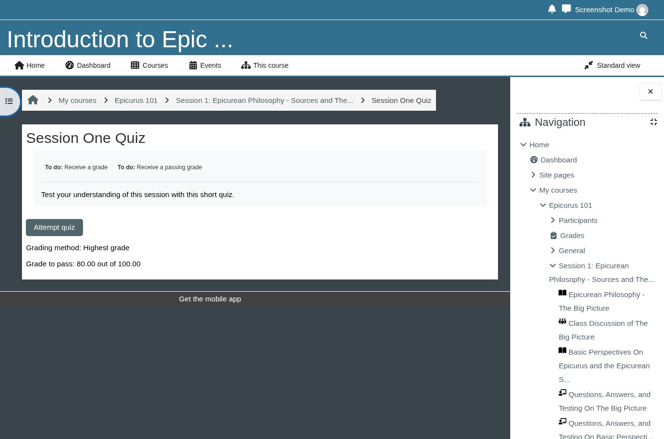 Quiz start screen showing grade to pass of 80 percent