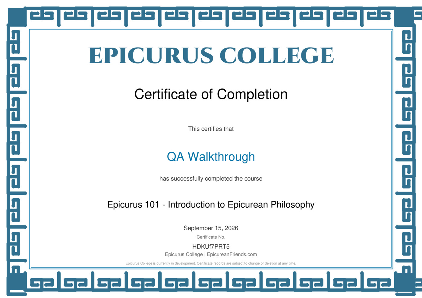 Sample Epicurus College certificate of completion