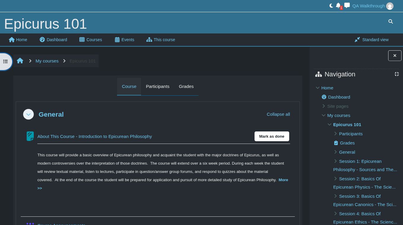 Course page showing the list of sessions and activities